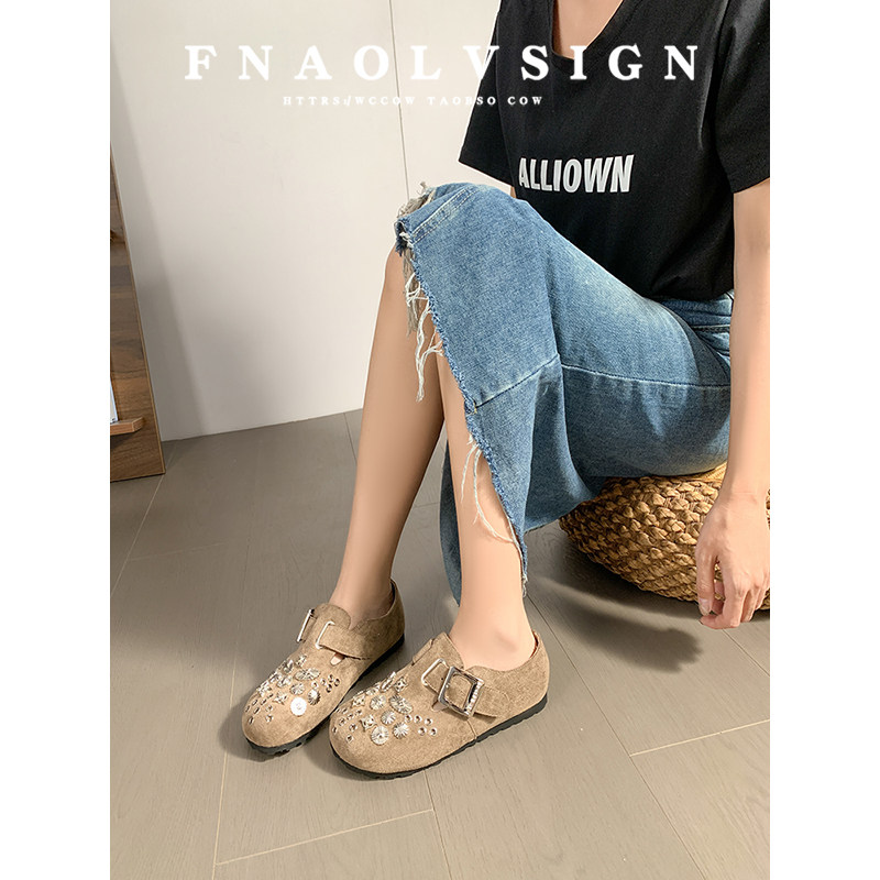 牛皮版~水钻包头勃肯鞋女2025年新款复古圆头懒人外穿平底单鞋女,淘宝优惠券,粉丝福利购,淘宝优惠卷