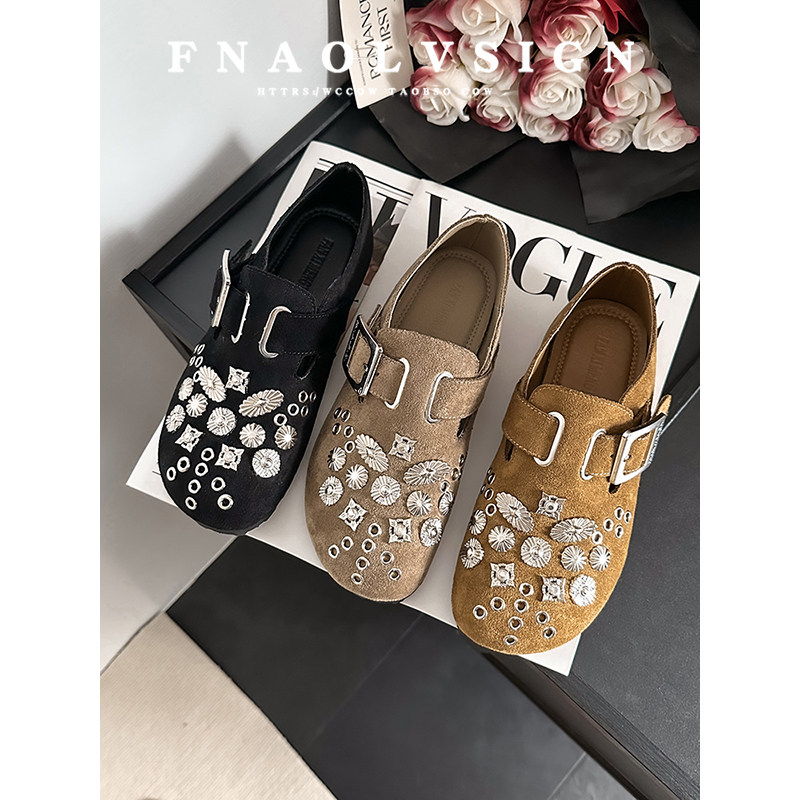 牛皮版~水钻包头勃肯鞋女2025年新款复古圆头懒人外穿平底单鞋女,淘宝优惠券,粉丝福利购,淘宝优惠卷