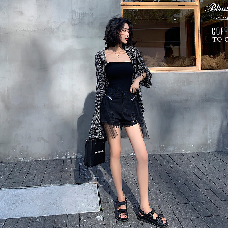 2020新款高腰牛仔夏季破洞拼接短裤 天鹅谷牛仔裤