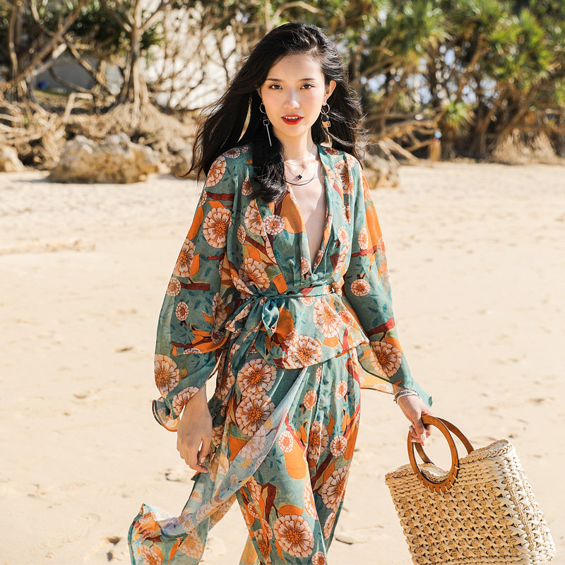 夏季新款收腰沙滩裤波西米亚阔腿裤 lumigon休闲裤