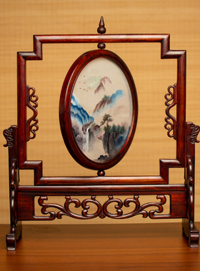 成品苏州绣美中式风双面红木摆件