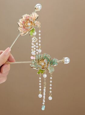 缘本珐琅彩牡丹U型发簪步摇