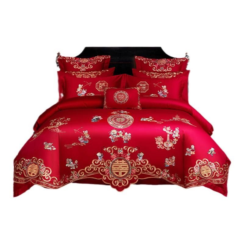 水晶家纺旗舰店新中式婚庆四件套全棉百子图结婚纯棉喜被床上用品,淘宝优惠券,粉丝福利购,淘宝优惠卷