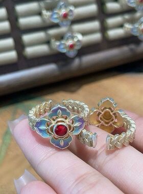 描金珐琅花丝四瓣花开口可调戒指