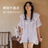 Сиреневая летняя тонкая пижама, хлопковые милые нарукавники, комплект, цветочный принт, короткий рукав