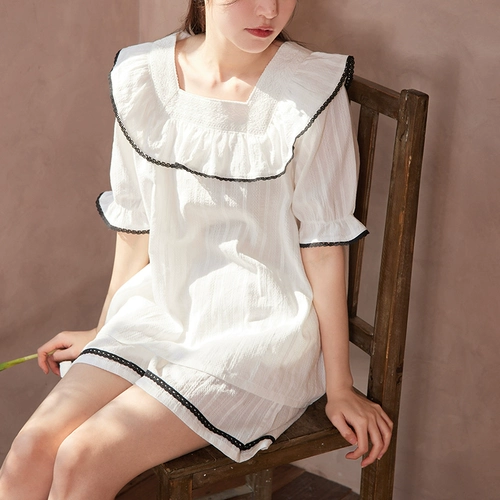 Летняя хлопковая ретро пижама, шорты, комплект, французский стиль, квадратный вырез, короткий рукав