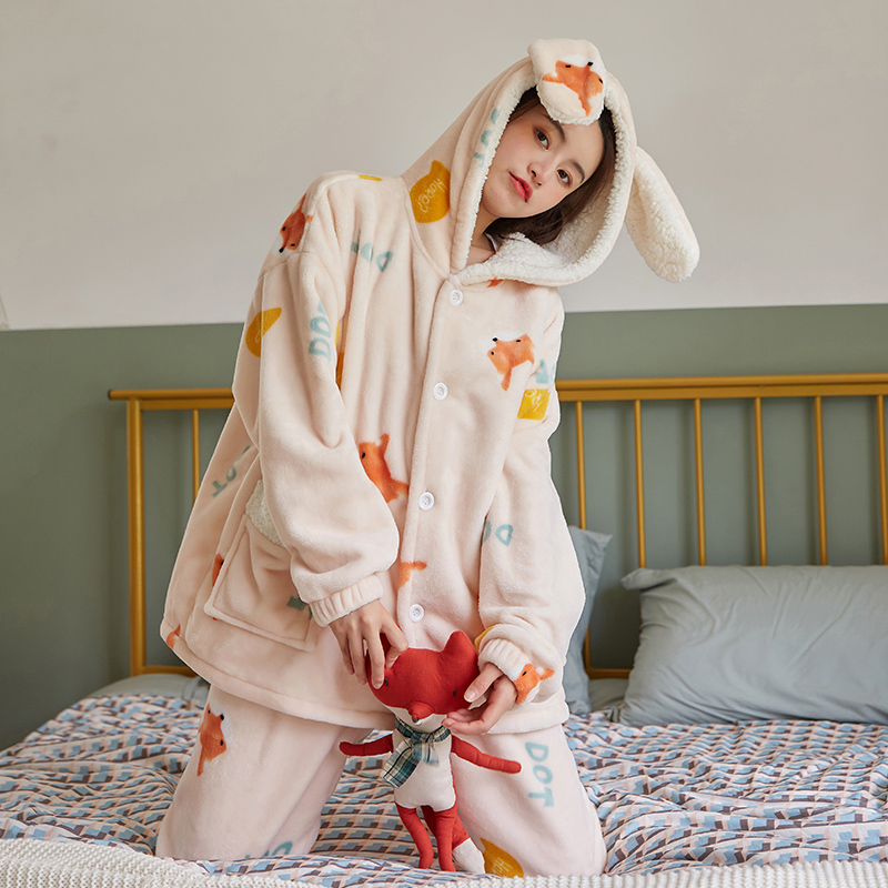 棉籽壳旗舰店情侣珊瑚绒睡衣女春秋冬季加厚保暖法兰绒家居服男可爱兔耳套装3