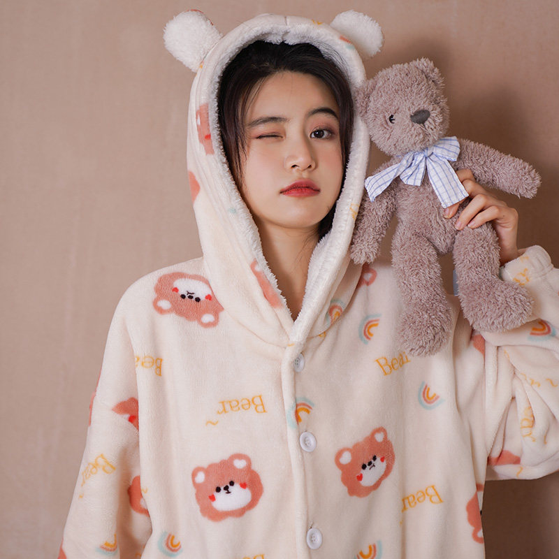 春秋天新款加绒可爱情侣法兰绒睡衣 棉籽壳睡衣/家居服套装