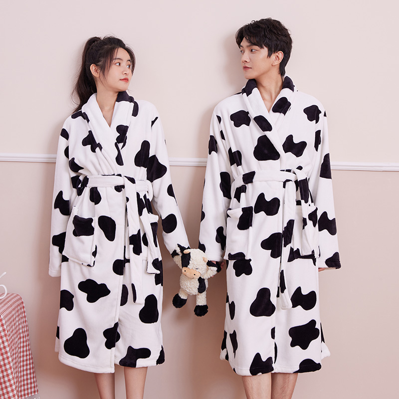 棉籽壳旗舰店珊瑚绒情侣睡袍女秋冬法兰绒浴袍男加厚保暖中长款睡衣家居服1