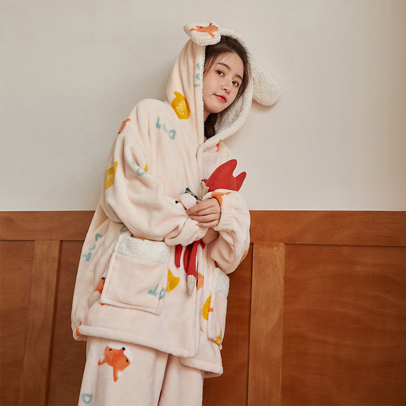 春秋天新款加绒可爱情侣法兰绒睡衣 棉籽壳睡衣/家居服套装