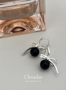 Cloudss 「芭蕾蝴蝶结」珍珠黑玛瑙纯银耳钉