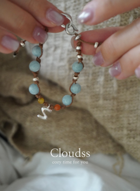 「海风习习」原创设计感彩色编绳海蓝宝定制字母情侣纯银手链