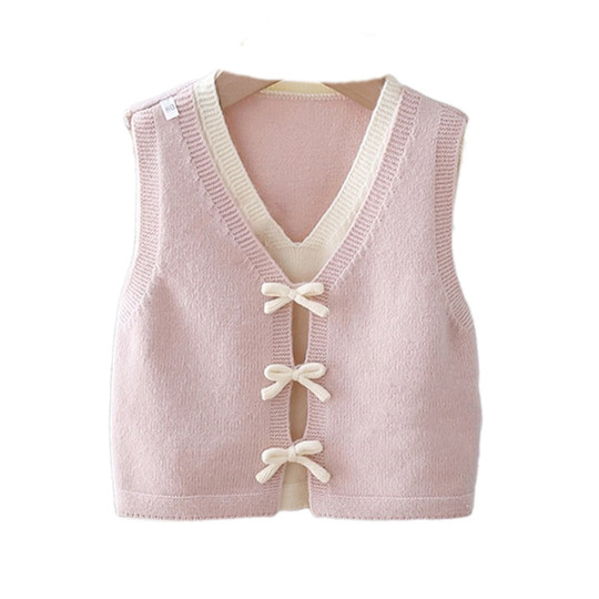 韩版童装女童针织马甲春秋装新款洋气可爱假两件无袖背心儿童毛衣
