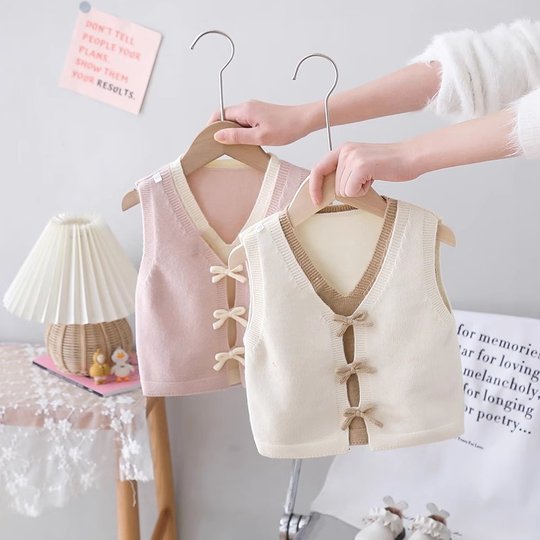 韩版童装女童针织马甲春秋装新款洋气可爱假两件无袖背心儿童毛衣