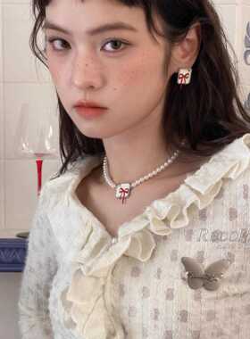 原创小众轻奢公主红色蝴蝶结珍珠项炼choker耳环女