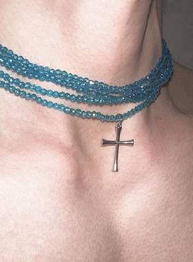 蓝项炼多层一体式y2k辣妹十字架钛钢ins项炼choker小众设计冷淡风