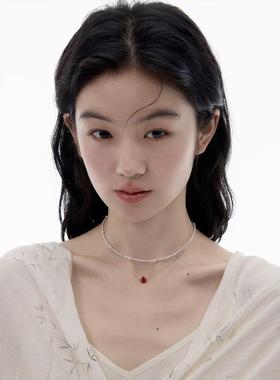 留白 红吊坠叠炼 原创设计白松石锁骨炼项炼