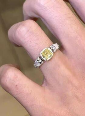 复古爆闪黄钻方糖戒指千金感轻奢叠戴气质食指戒指环新款时尚饰品