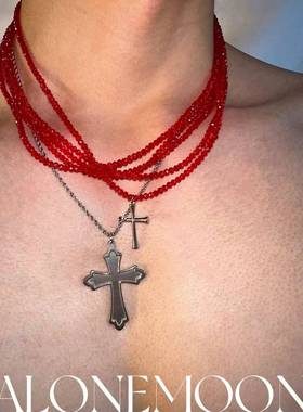 原创红项链多层一体式十字架钛钢项链choker