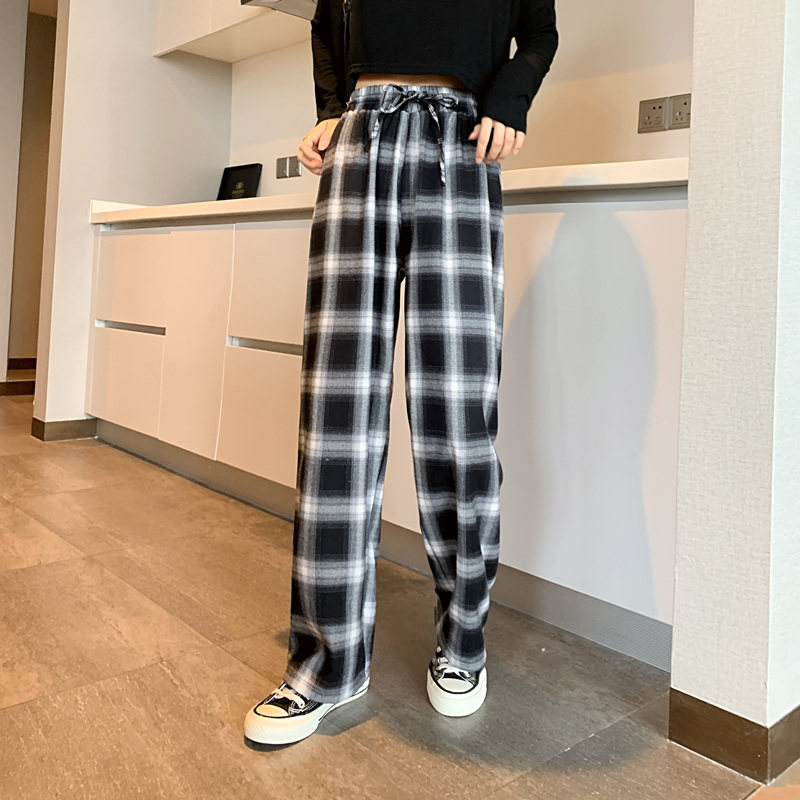 黑白格子裤直筒2020秋季新款休闲裤 伊索芙休闲裤