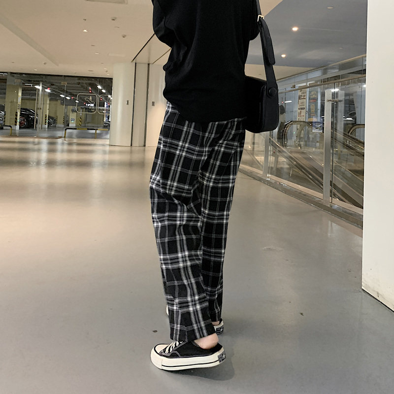 黑白格子裤直筒2020秋季新款休闲裤 伊索芙休闲裤