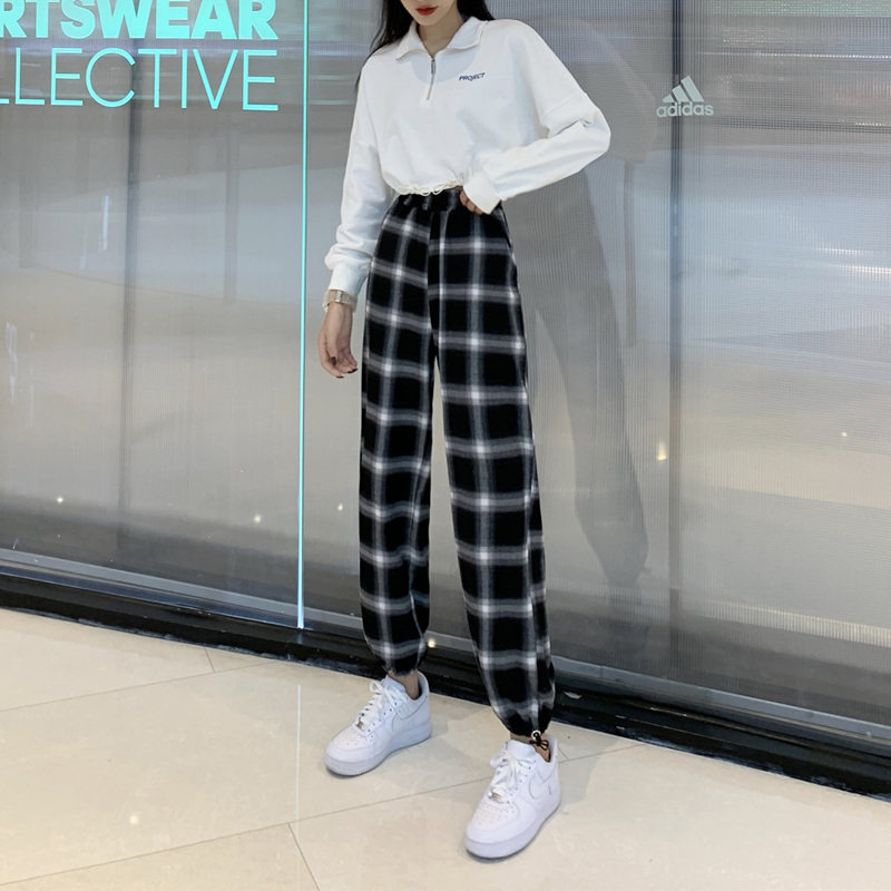 黑白格子裤宽松直筒束脚2020运动裤 伊索芙休闲裤