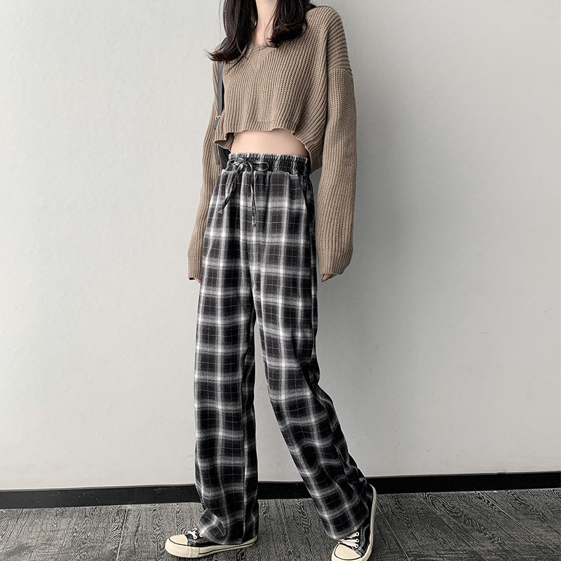 黑白格子裤秋冬宽松直筒高腰垂感裤 伊索芙休闲裤