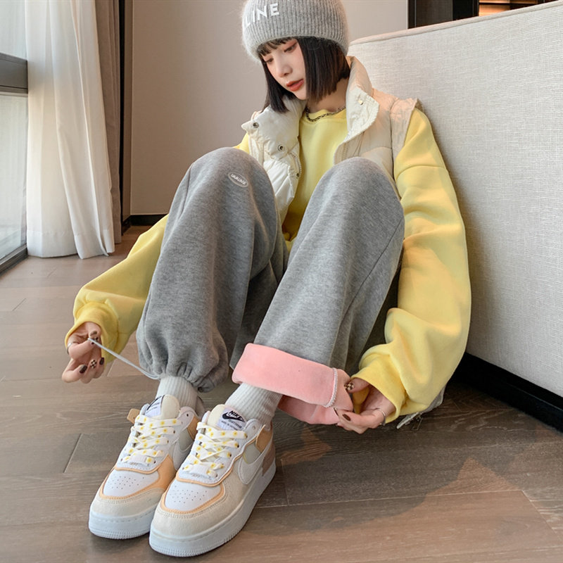 灰色秋冬季2021新款加绒外穿卫裤 伊索芙休闲裤