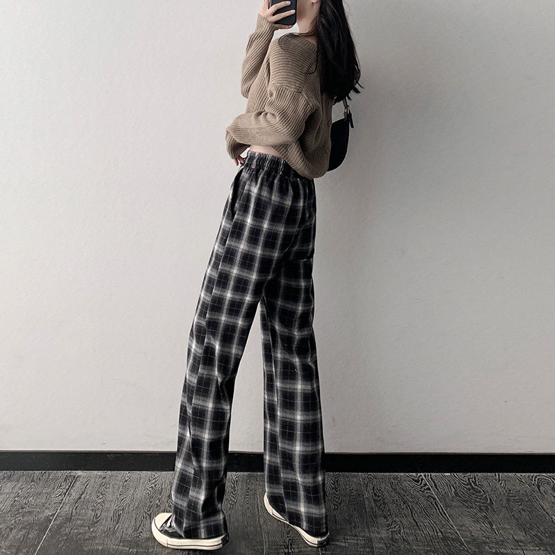 黑白格子裤秋冬宽松直筒高腰垂感裤 伊索芙休闲裤