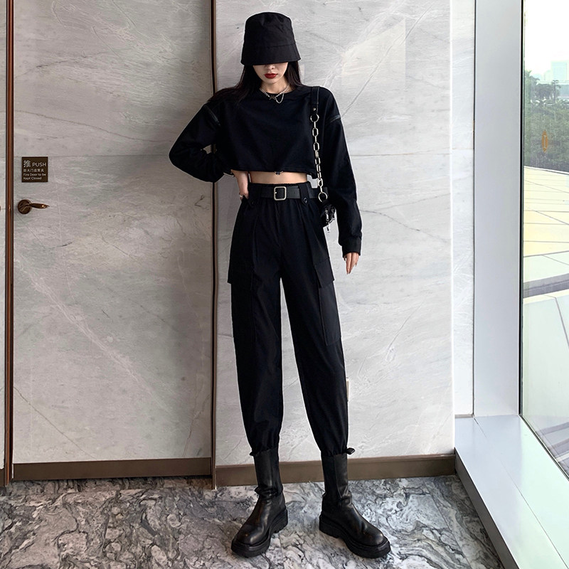 黑色秋季2020新款高腰显瘦潮工装裤 伊索芙休闲裤