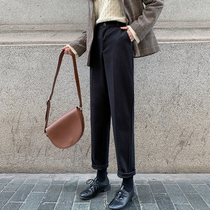 毛呢裤子女秋冬2020新款高腰哈伦裤 伊索芙休闲裤