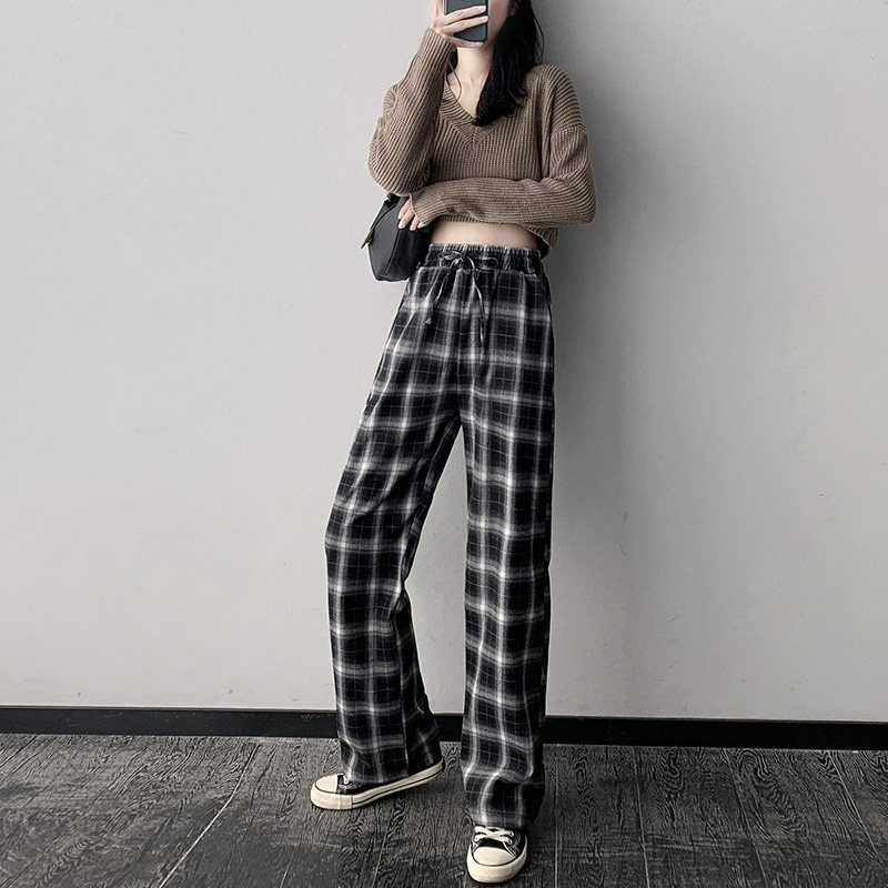 黑白格子裤秋冬宽松直筒高腰垂感裤 伊索芙休闲裤