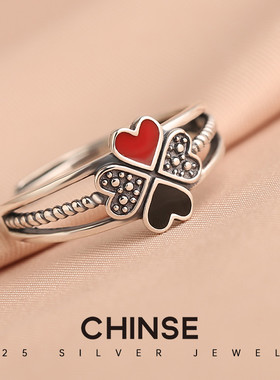 倾色纯银幸运四叶草女戒转运