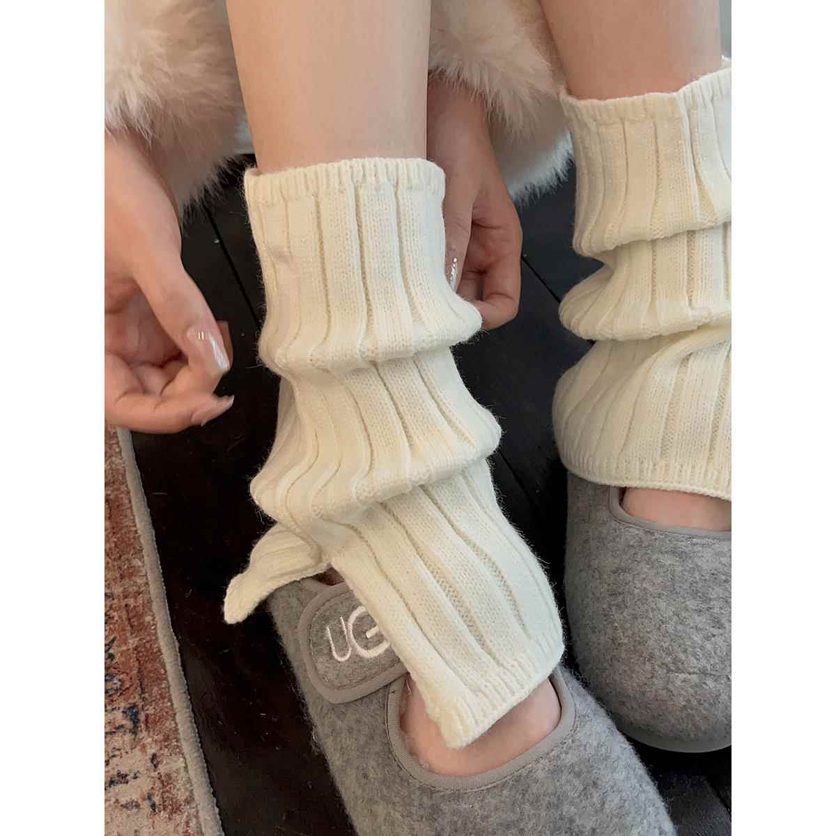 袜子女中筒袜羊毛堆堆袜秋冬季袜套灰色加绒针织腿套2配雪滑雪袜 - 图2