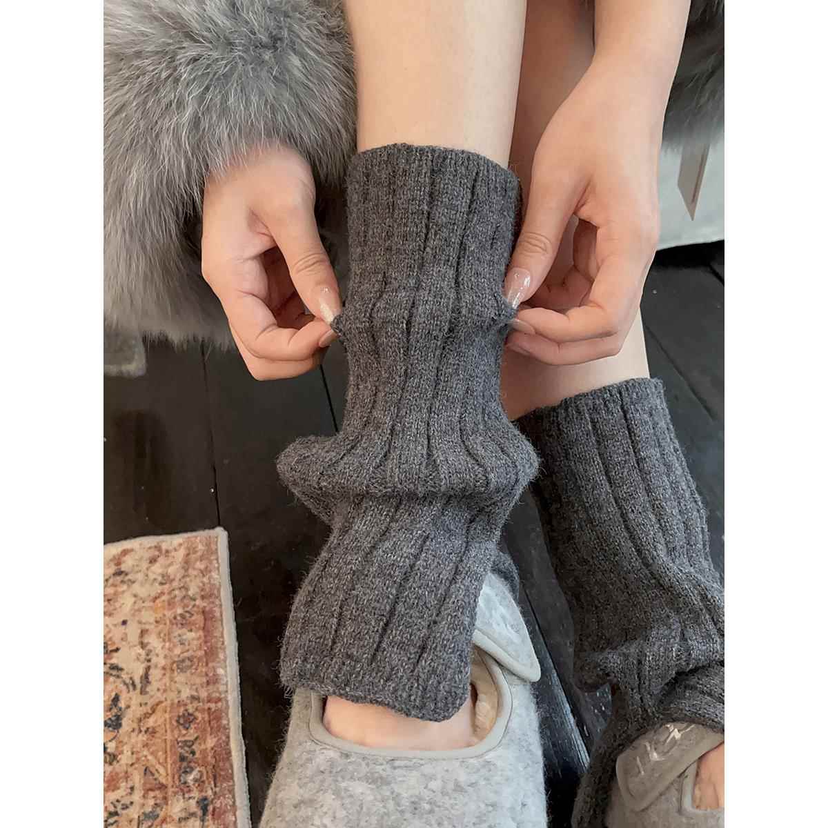 袜子女中筒袜羊毛堆堆袜秋冬季袜套灰色加绒针织腿套2配雪滑雪袜 - 图1