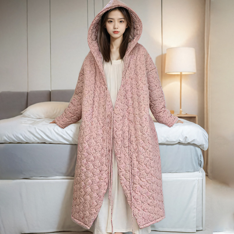 夹棉袄睡袍女秋冬季长袖三层加厚小碎花珊瑚绒连帽保暖睡衣法兰绒,淘宝优惠券,粉丝福利购,淘宝优惠卷