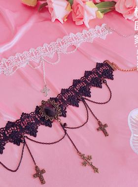 蕾丝复古十字架唯美风短项链