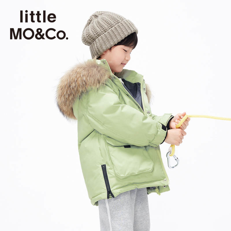 little moco童装儿童羽绒服保暖女童毛领红色工装防泼水外套男童