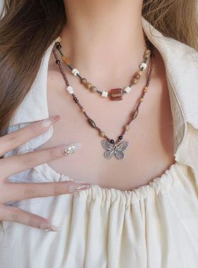 新中式项链复古串珠蝴蝶项链女轻奢小众设计感内搭禅意锁骨链配饰