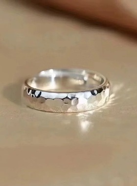 999足银锤纹戒指女设计小众高级感时尚轻奢纯银个性食指开口指环