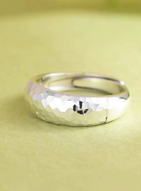 纯银戒指女足银999素银锤纹泥鳅背个性时尚设计感女开口指环简约