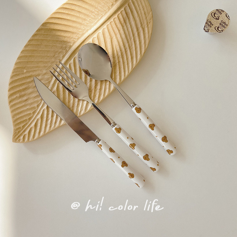 韩式少女心ins风爱心小熊304不锈钢陶瓷柄刀叉勺学生沙拉冰淇淋勺,淘宝优惠券,粉丝福利购,淘宝优惠卷