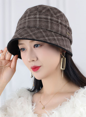 秋冬薄呢格子显脸小妈妈渔夫帽