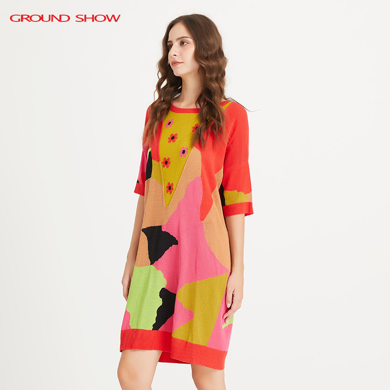 【天丝高捻棉】阁兰秀早秋新品五分袖提花针织连衣裙商场同款女装