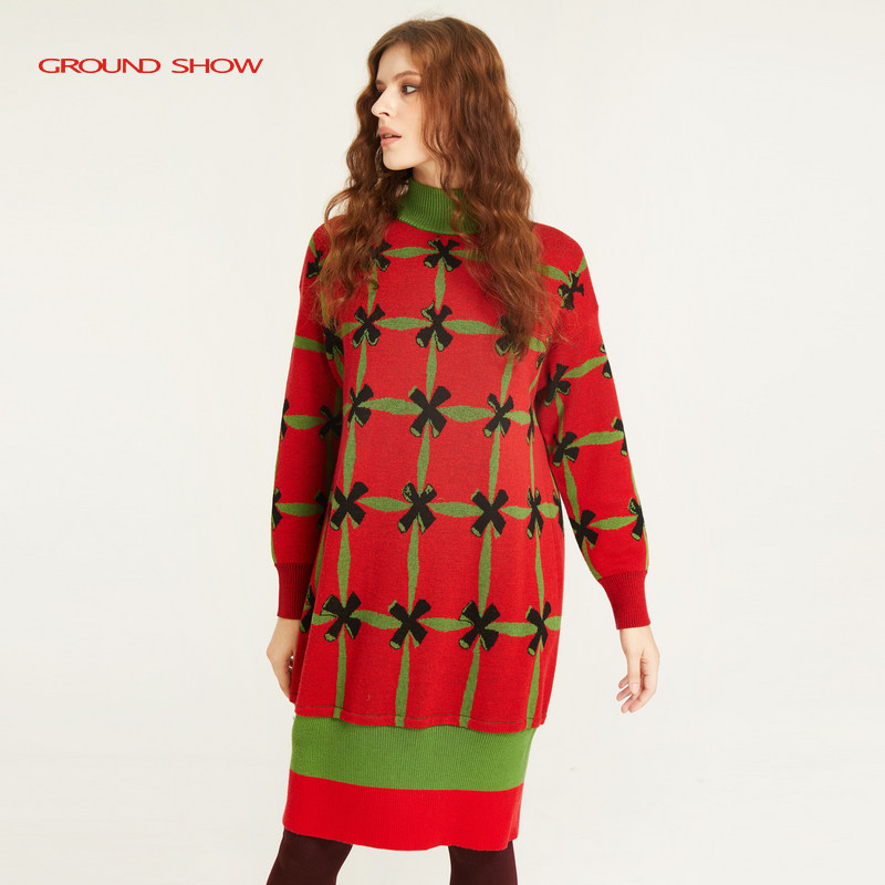 【100%绵羊毛】阁兰秀冬新款格子提花针织连衣裙商场同款女装