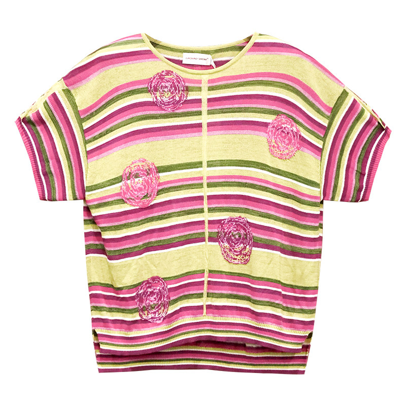 阁兰秀夏季新品短袖间色条纹玫瑰提花针织套头T恤衫商场同款女装