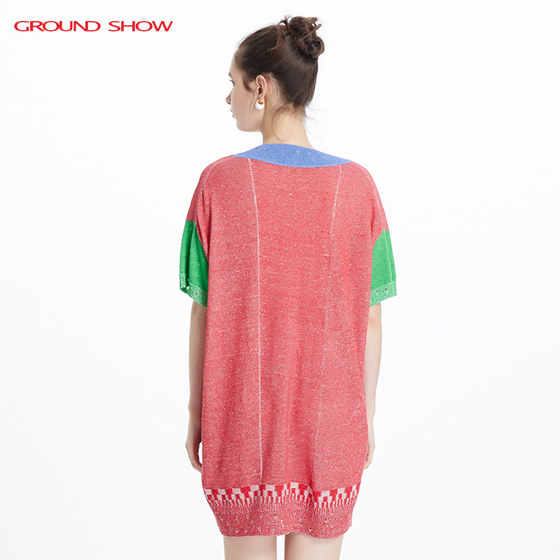 【绢丝棉混纺】阁兰秀夏新品短袖撞色提花针织连衣裙商场同款女装