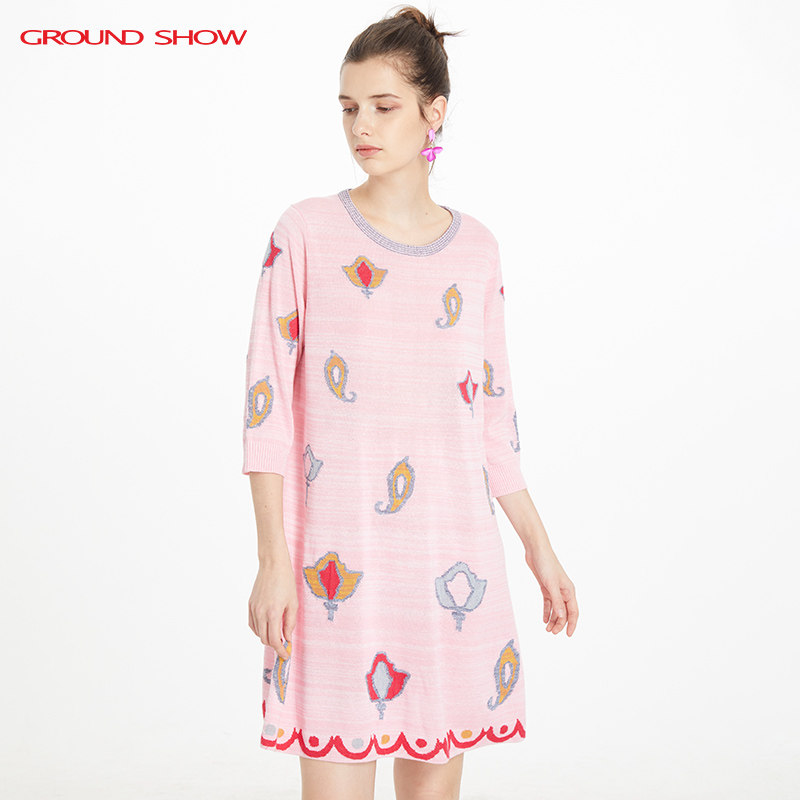 【天丝亚麻混纺】阁兰秀秋新品嫩粉色提花针织连衣裙商场同款女装