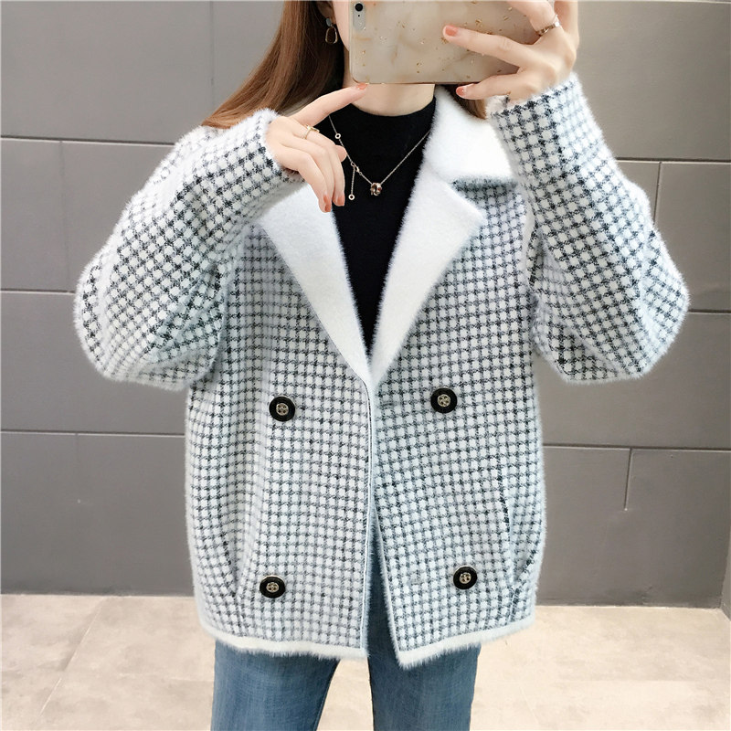 千鸟格西装短外套春秋2020年开衫 米幽谷短外套