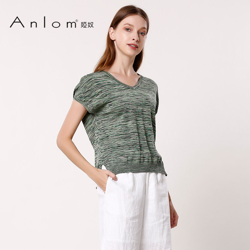 Anlom/娅奴新款桑蚕丝针织短袖薄款宽松V领显瘦套头针织衫上衣夏 - 图0